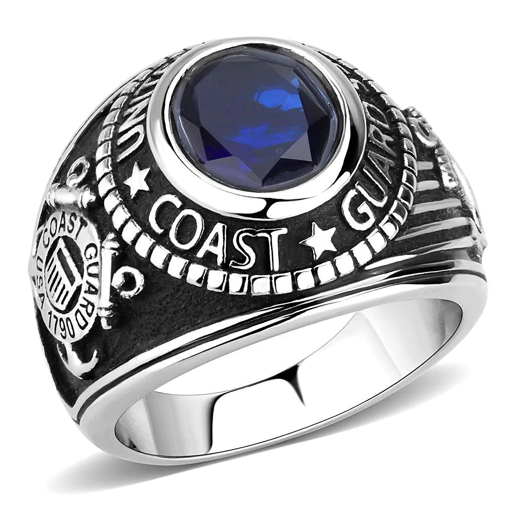 Eternal Sparkles Men's Stainless Steel Montana Blue United States Coast Guard Military Ring