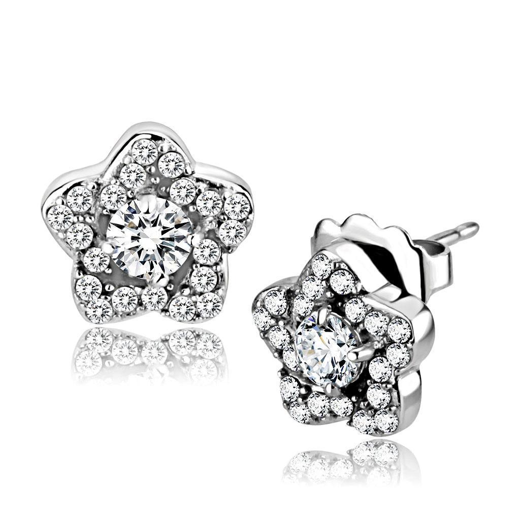 DA297 - High polished (no plating) Stainless Steel Earrings with AAA Grade CZ in Clear
