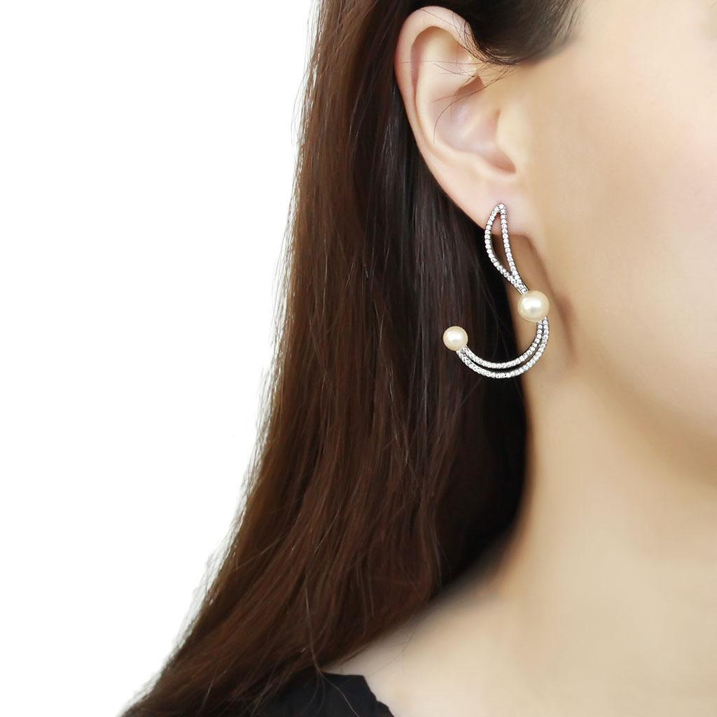 DA375 - High polished (no plating) Stainless Steel Earrings with Synthetic Pearl in White