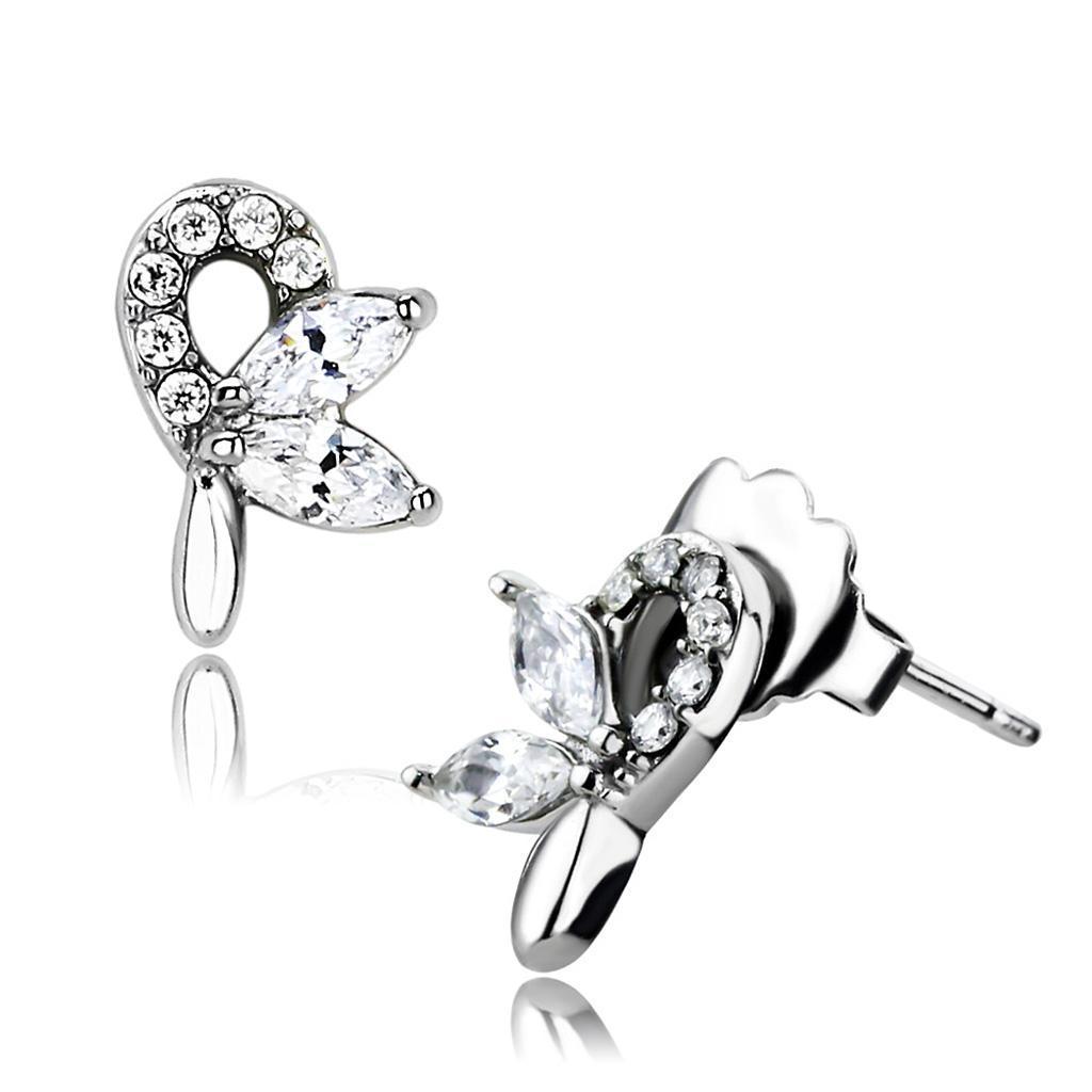 DA087 - High polished (no plating) Stainless Steel Earrings with AAA Grade CZ in Clear