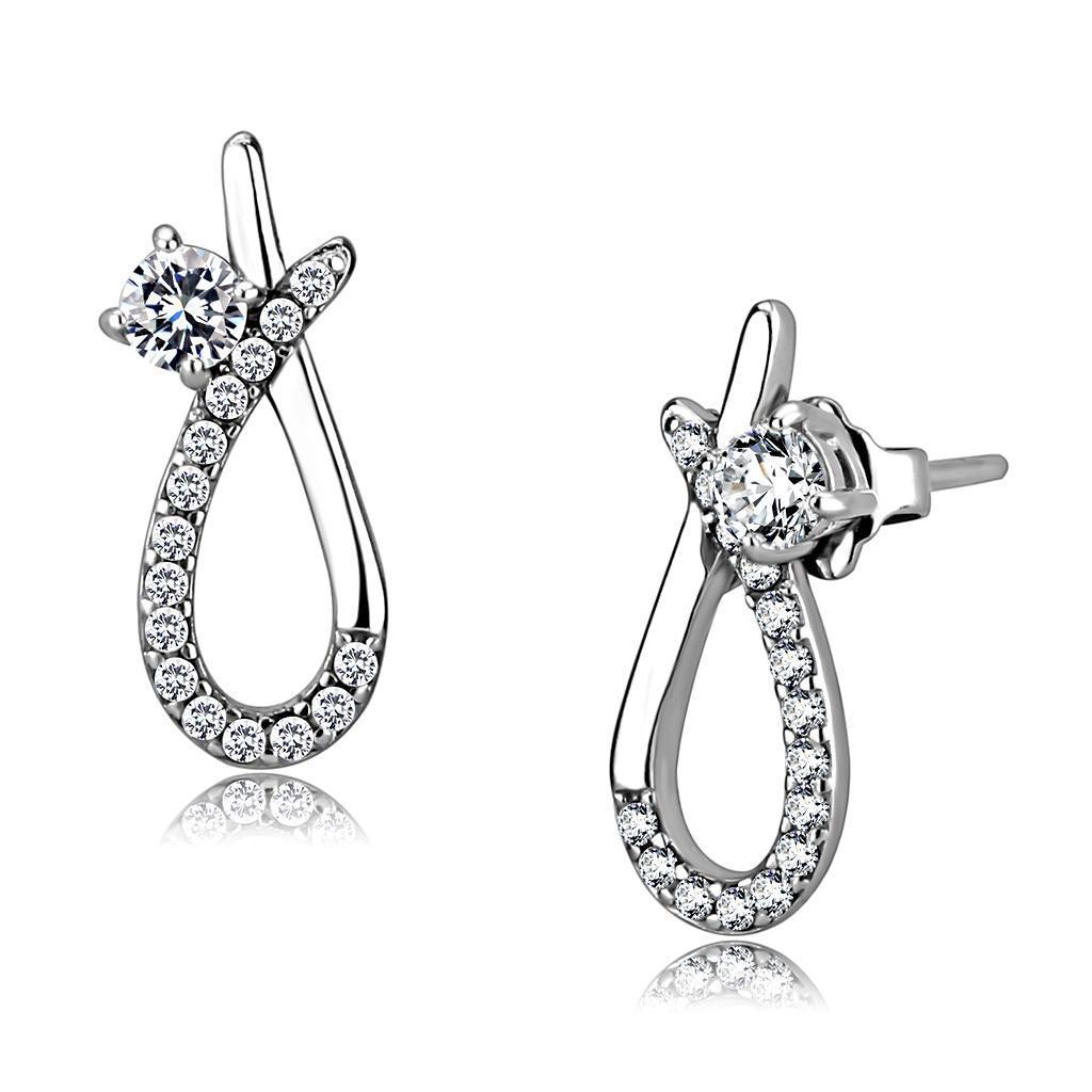DA196 - High polished (no plating) Stainless Steel Earrings with AAA Grade CZ in Clear