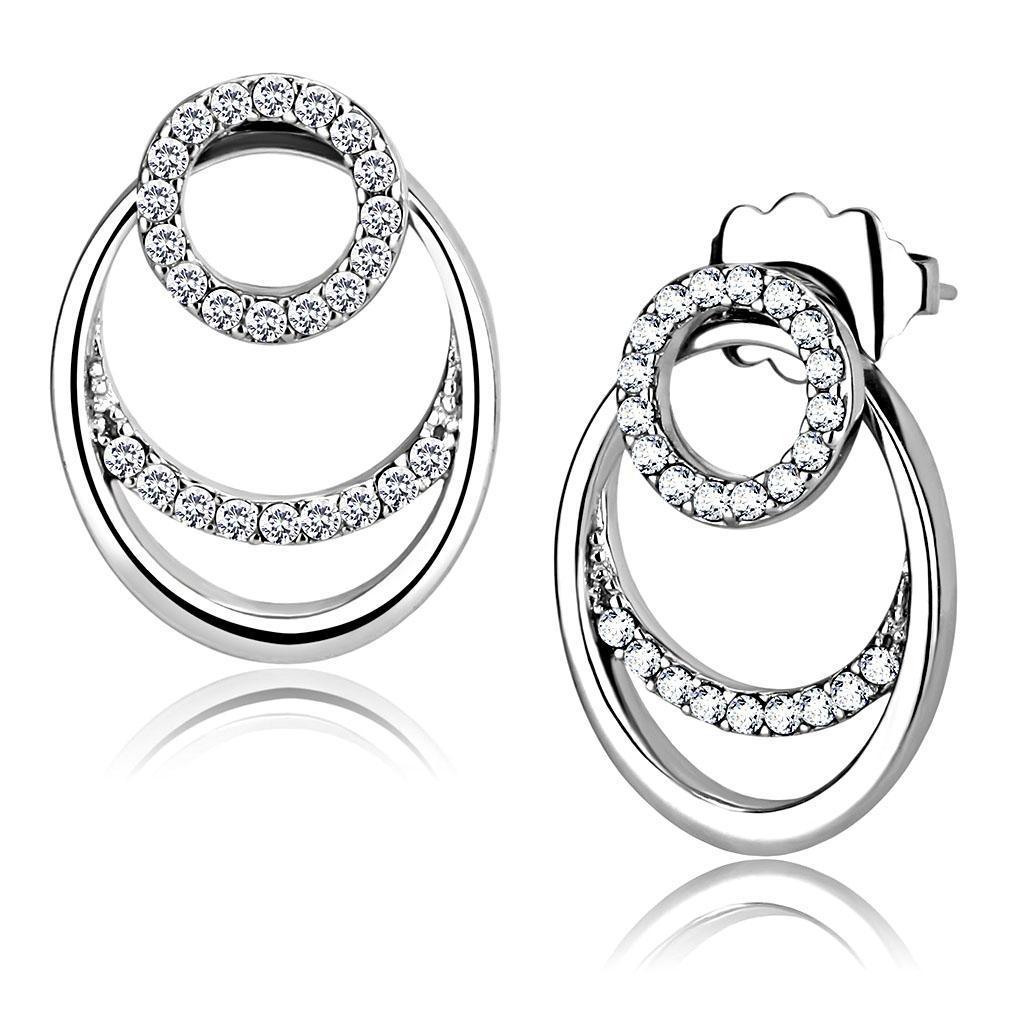 DA219 - High polished (no plating) Stainless Steel Earrings with AAA Grade CZ in Clear