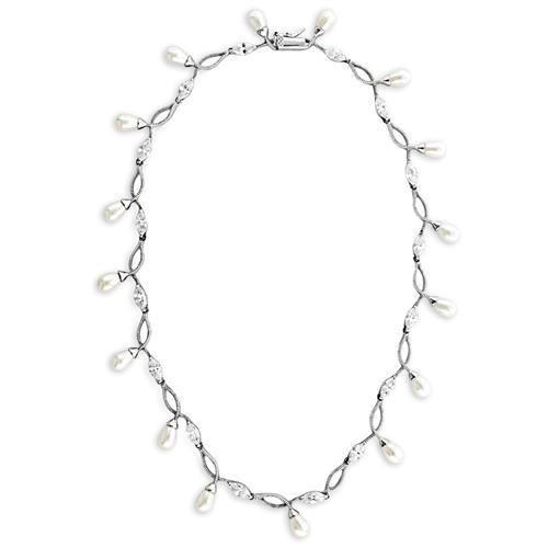 7X420 - Rhodium 925 Sterling Silver Necklace with Synthetic Pearl in White