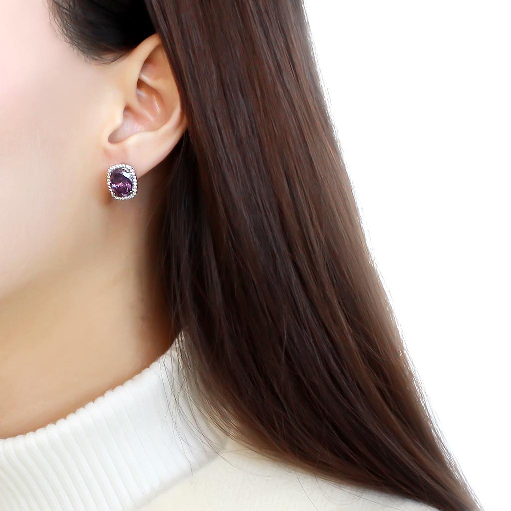 DA298 - High polished (no plating) Stainless Steel Earrings with AAA Grade CZ in Amethyst