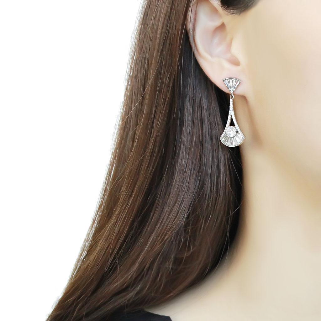 DA373 - High polished (no plating) Stainless Steel Earrings with AAA Grade CZ in Clear