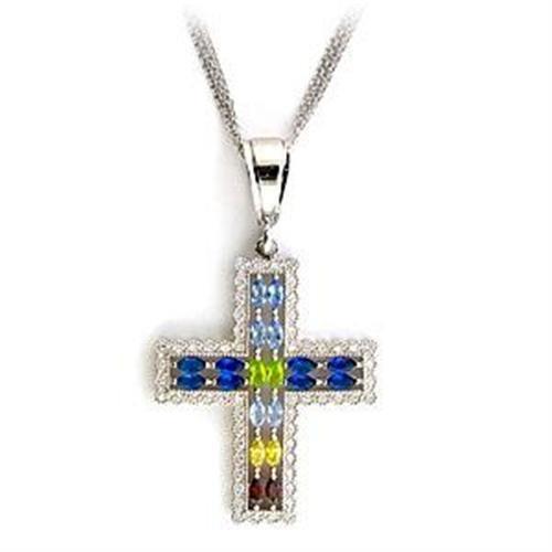 LOA556 - Rhodium 925 Sterling Silver Necklace with AAA Grade CZ in Multi Color