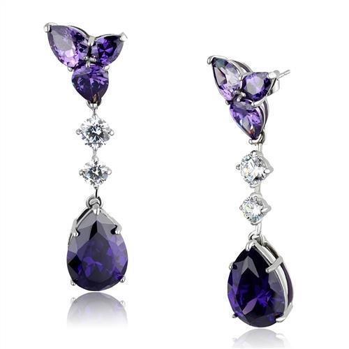 TK2144 - High polished (no plating) Stainless Steel Earrings with AAA Grade CZ in Amethyst