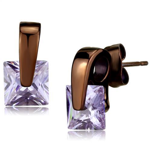 TK2541 - IP Dark Brown (IP coffee) Stainless Steel Earrings with AAA Grade CZ in Light Amethyst