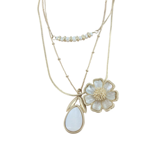 Triple Strand Pearl Daisy Necklace