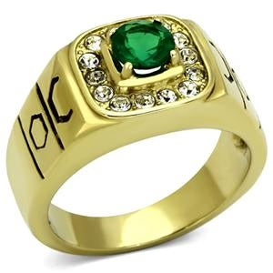 MEN'S STAINLESS STEEL GOLD-PLATED EMERALD GLASS RING
