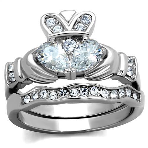 ETERNAL SPARKLES Women's Silver Claddagh Celtic Irish Fashion Comfort Statement Love Ring - CZ Ring Set