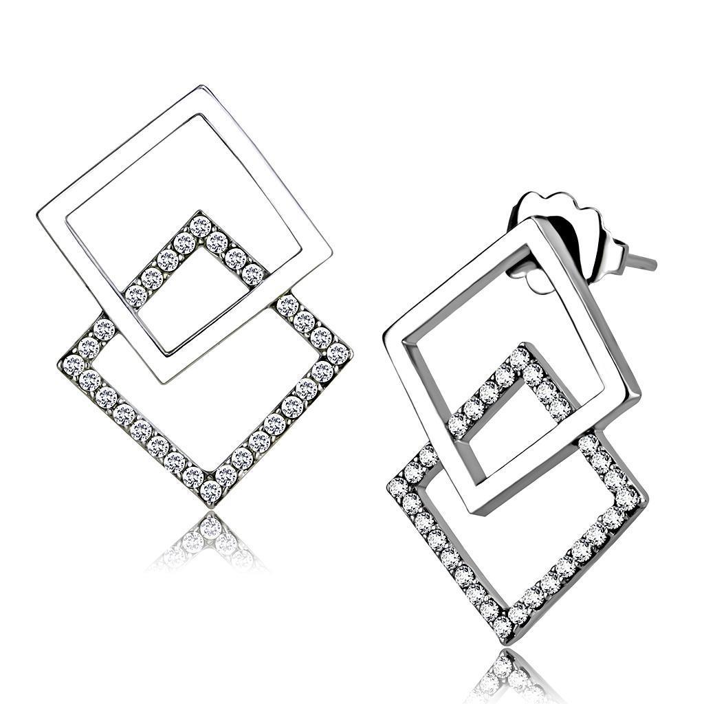 DA201 - High polished (no plating) Stainless Steel Earrings with AAA Grade CZ  in Clear