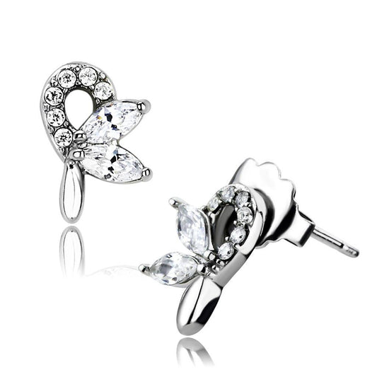 DA087 - High polished (no plating) Stainless Steel Earrings with AAA Grade CZ  in Clear