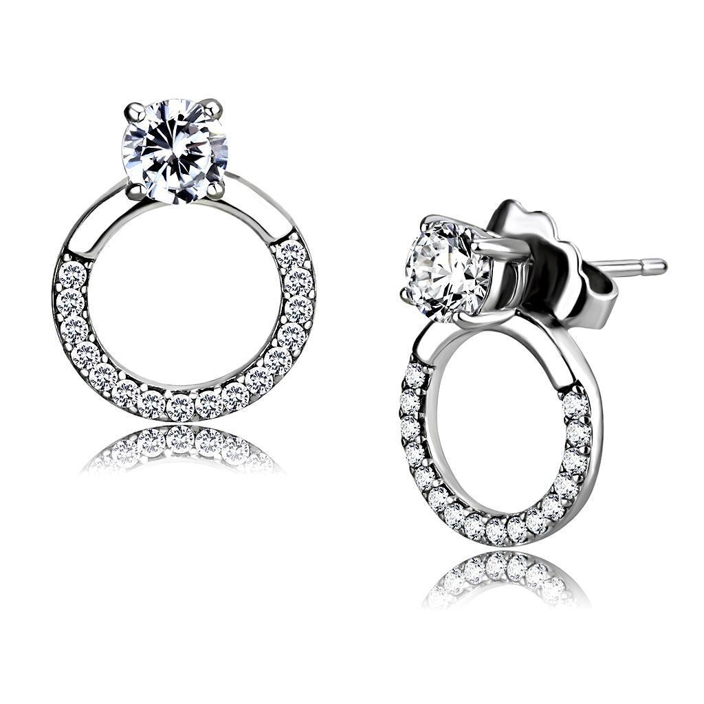 DA208 - High polished (no plating) Stainless Steel Earrings with AAA Grade CZ  in Clear