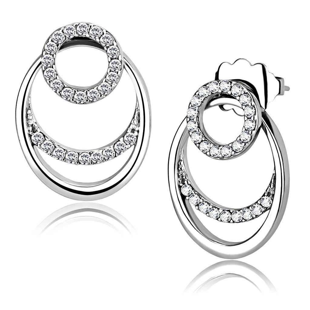 DA219 - High polished (no plating) Stainless Steel Earrings with AAA Grade CZ  in Clear