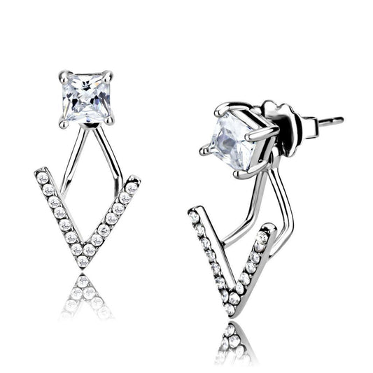 DA292 - High polished (no plating) Stainless Steel Earrings with AAA Grade CZ  in Clear