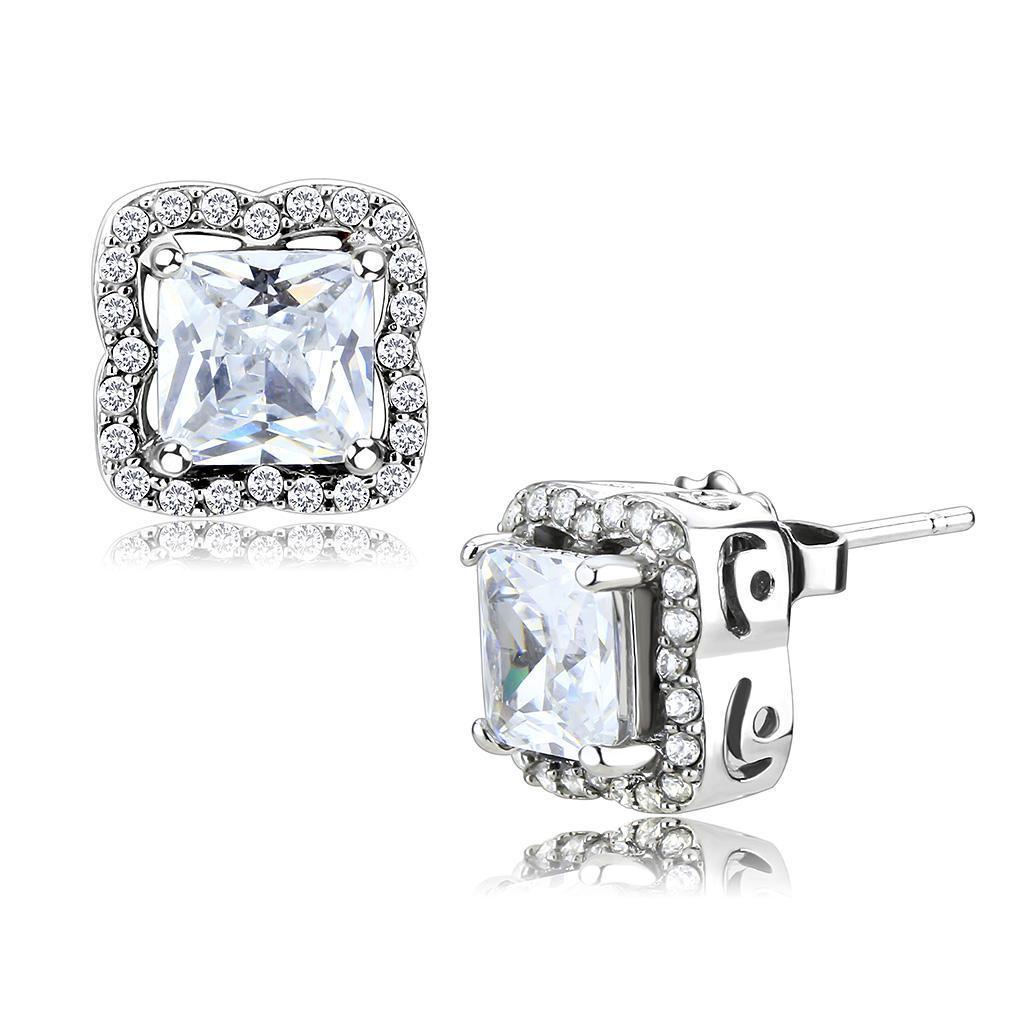 DA081 - High polished (no plating) Stainless Steel Earrings with AAA Grade CZ  in Clear