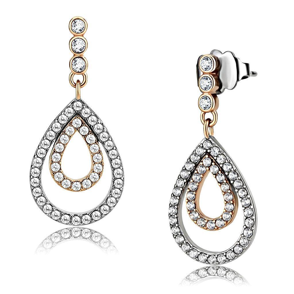 DA227 - Two-Tone IP Rose Gold Stainless Steel Earrings with AAA Grade CZ  in Clear