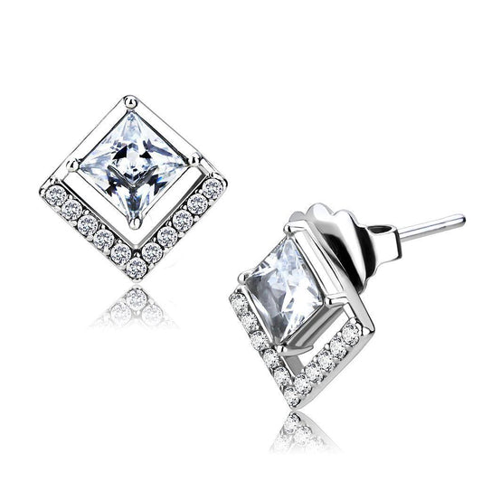 DA071 - High polished (no plating) Stainless Steel Earrings with AAA Grade CZ  in Clear