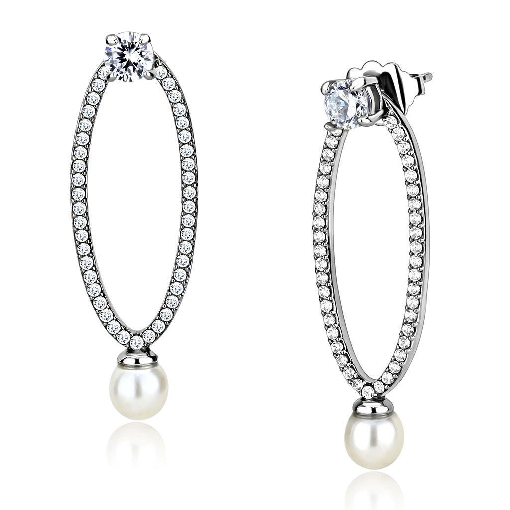 DA223 - High polished (no plating) Stainless Steel Earrings with Synthetic Pearl in White