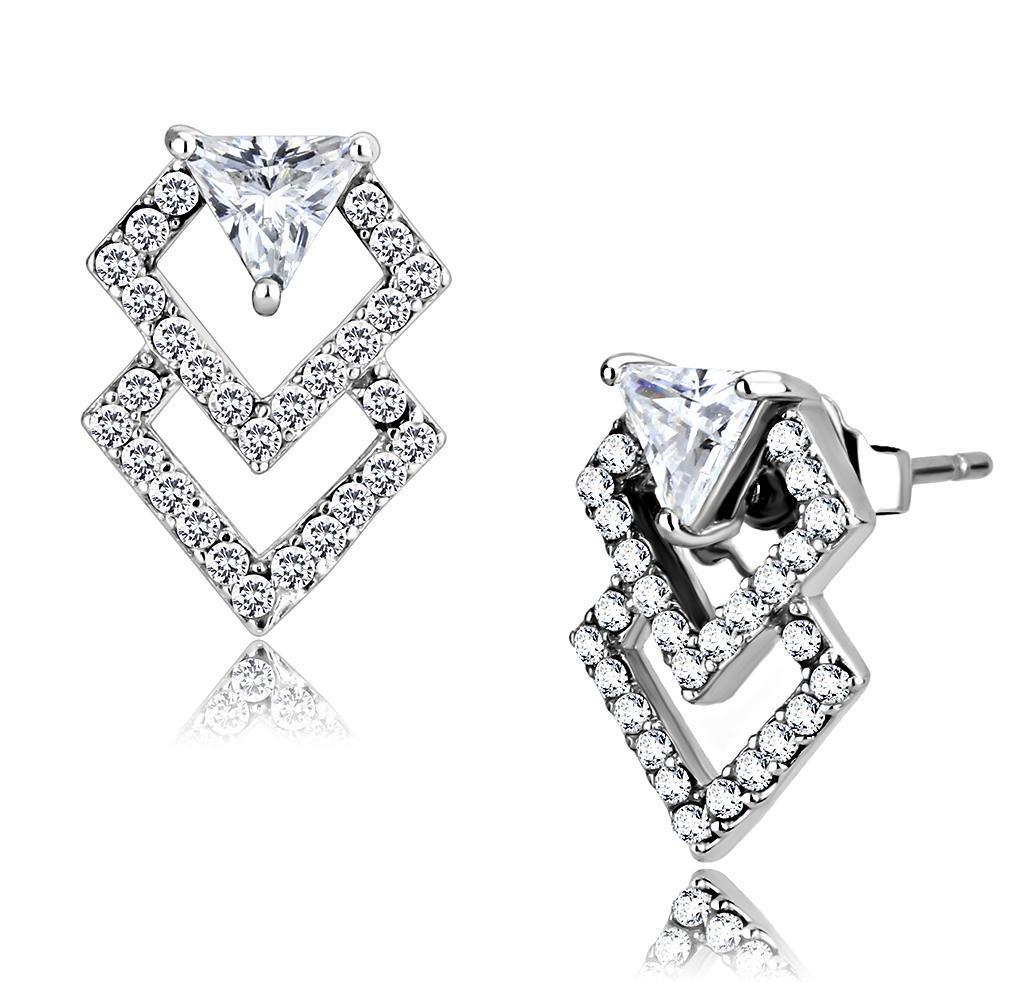 DA198 - High polished (no plating) Stainless Steel Earrings with AAA Grade CZ  in Clear