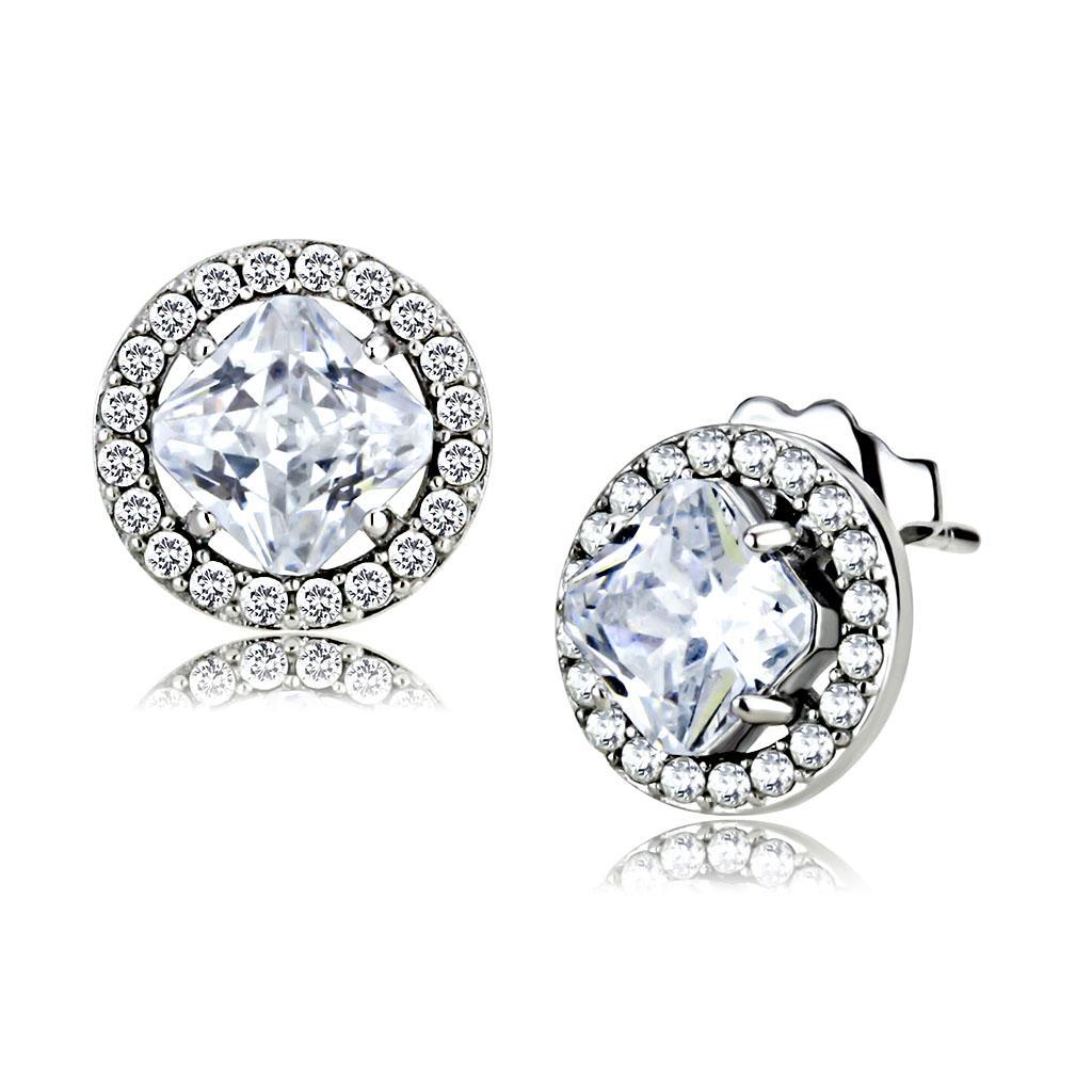 DA295 - High polished (no plating) Stainless Steel Earrings with AAA Grade CZ  in Clear