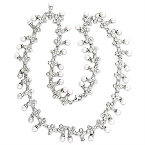 7X405 - Rhodium Brass Necklace with Synthetic Pearl in White