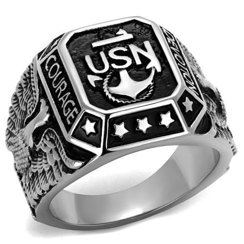 Men's Stainless Steel"United States Navy" Sapphire Ring - Black Epoxy USN