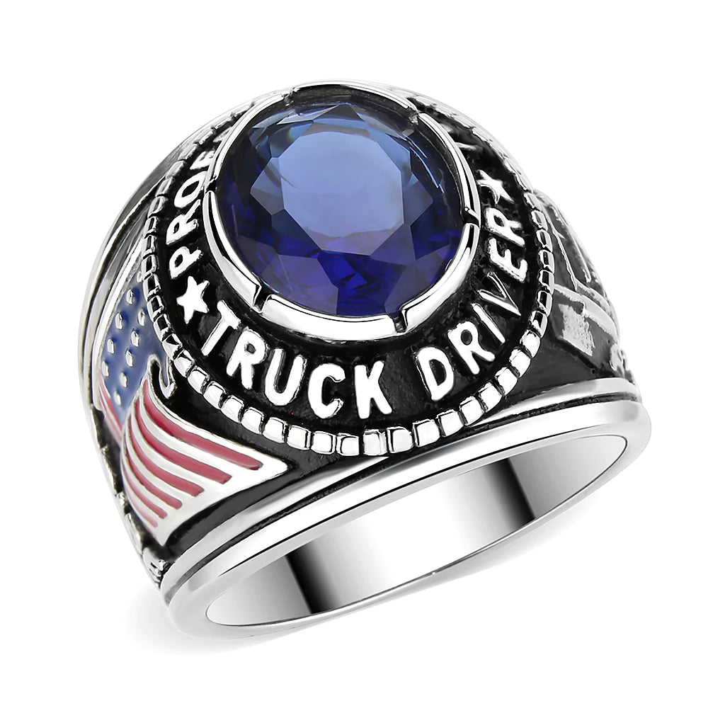 Men's Stainless Steel Montana Blue Stone Professional Truck Driver Ring