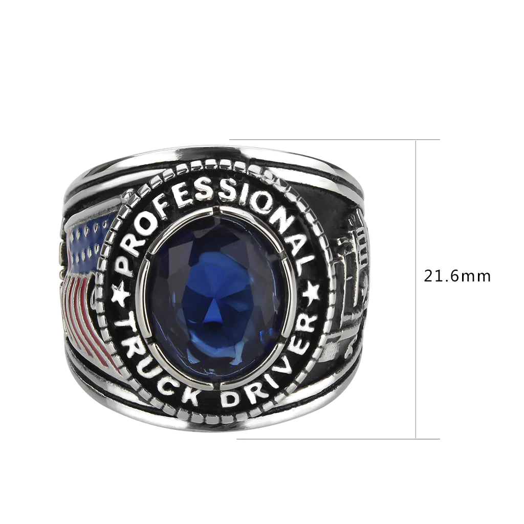 Men's Stainless Steel Montana Blue Stone Professional Truck Driver Ring