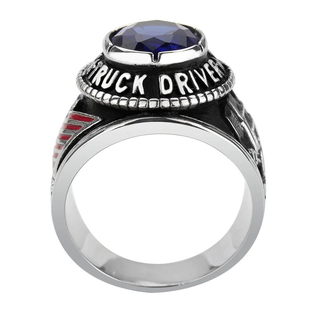 Men's Stainless Steel Montana Blue Stone Professional Truck Driver Ring