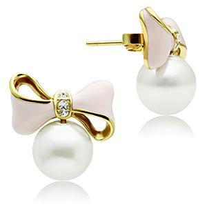 White Pearl Pink Bow Stud Earrings