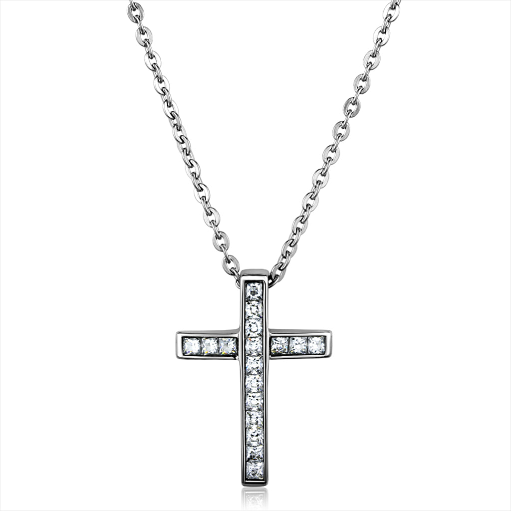 Clear CZ Encrusted Cross Stainless Steel Pendant Necklace
