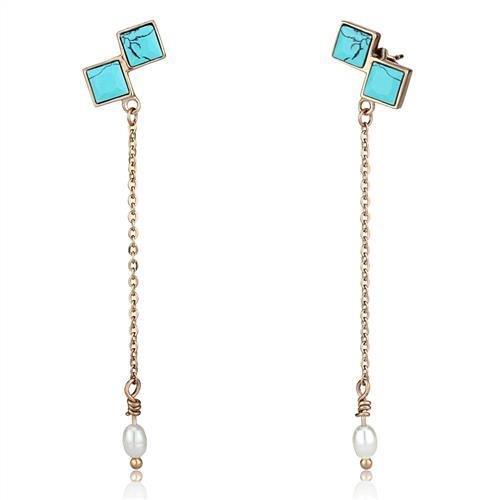 TK2814 - IP Rose Gold(Ion Plating) Stainless Steel Earrings with Synthetic Turquoise in Sea Blue
